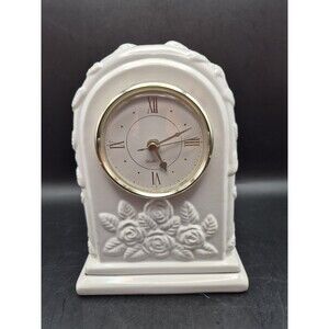 VINTAGE White Glazed Arched Style/Table/Mantle Clock w/Embossed Roses